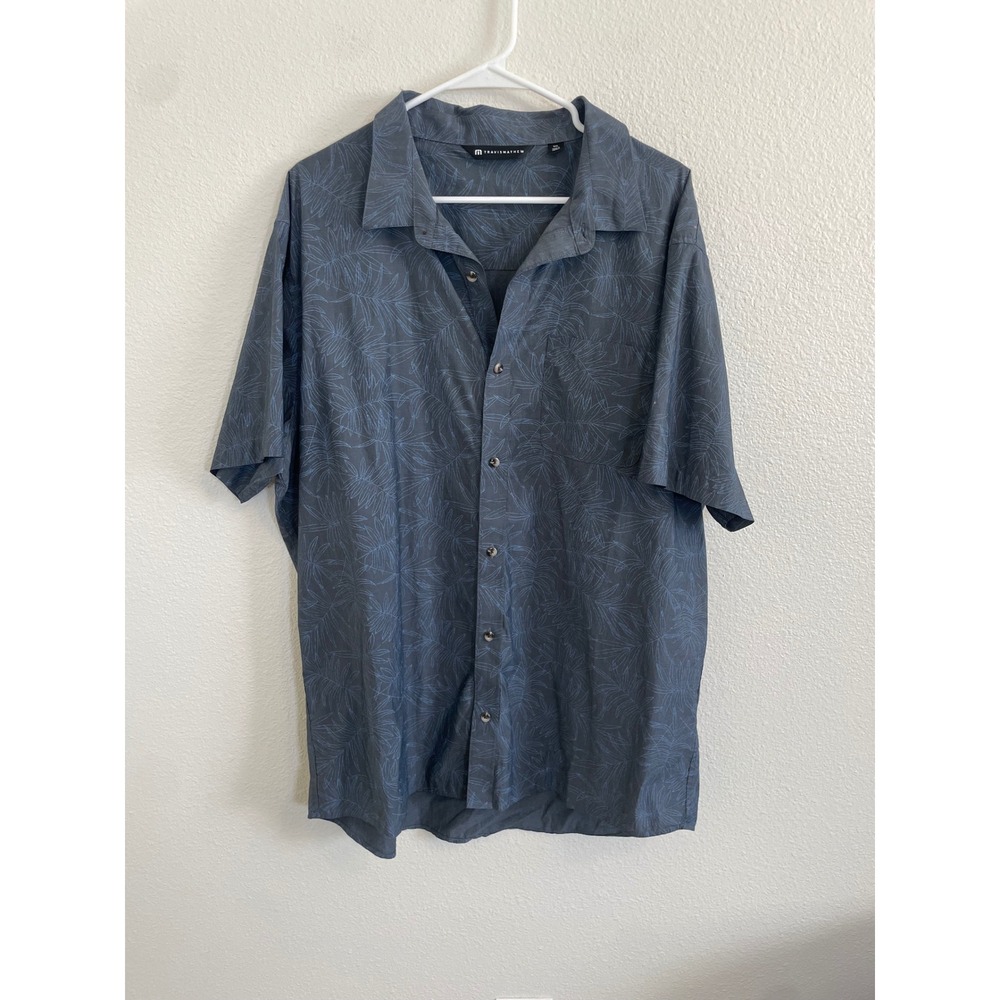 TravisMathew Mens XXL Button Down Short Shirt Grey Blue Palm Trees Print Golf - Picture 2 of 8